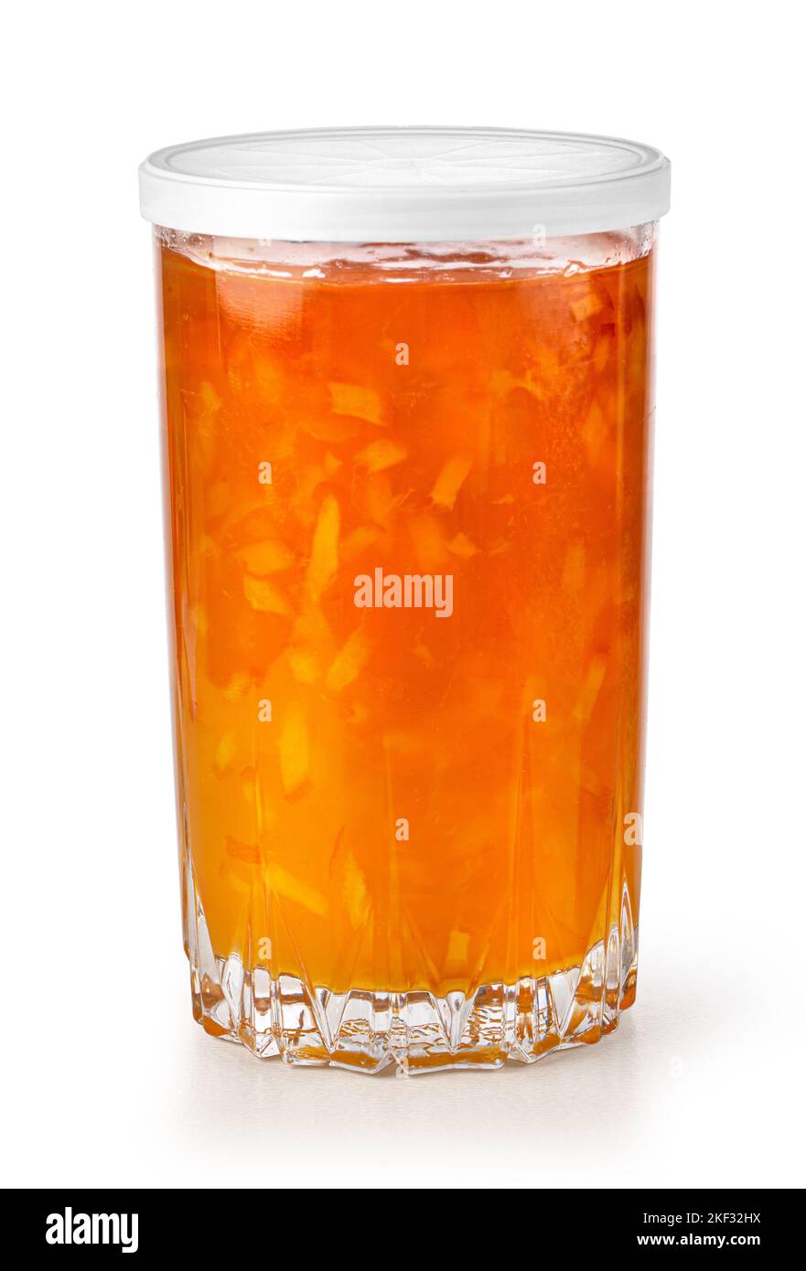 Vetro arancione Jam Jar isolato su sfondo bianco con percorso di ritaglio Foto Stock