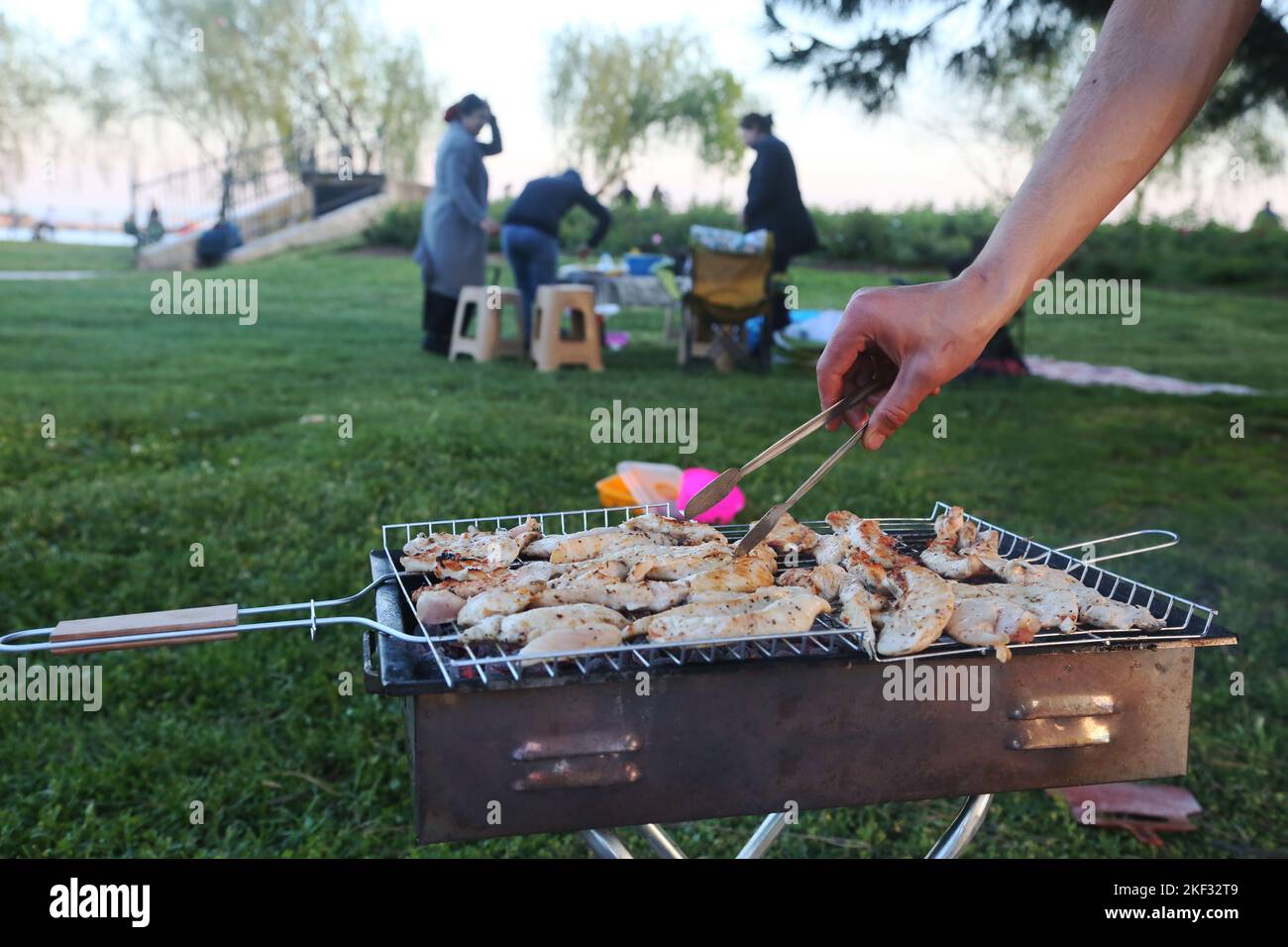 Cucinare i filetti di pollo alla festa barbecue. Foto Stock