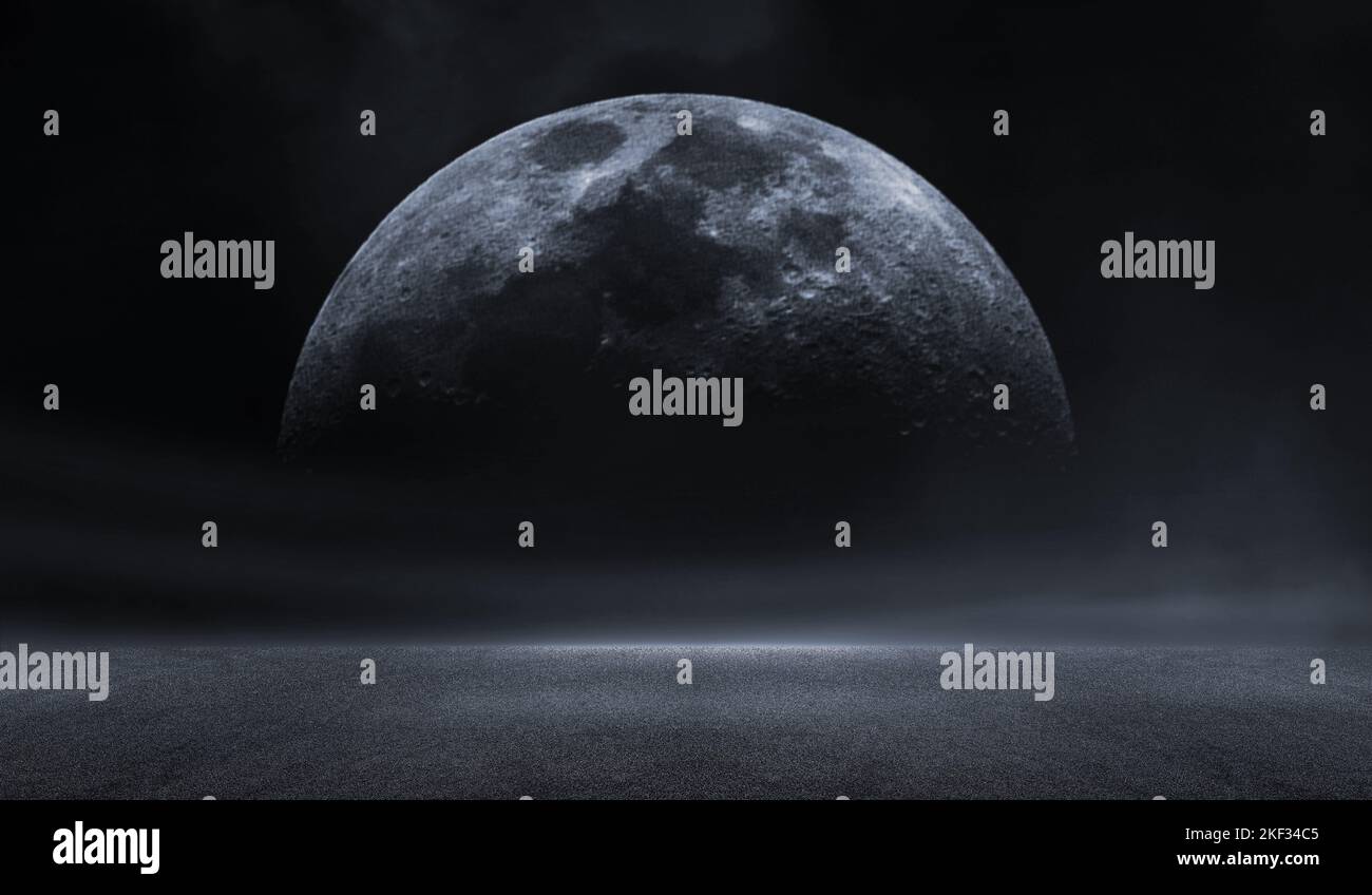 3D rendering astratto notte scura creativa sfocato asfalto esterno su sfondo lunare. Foto Stock