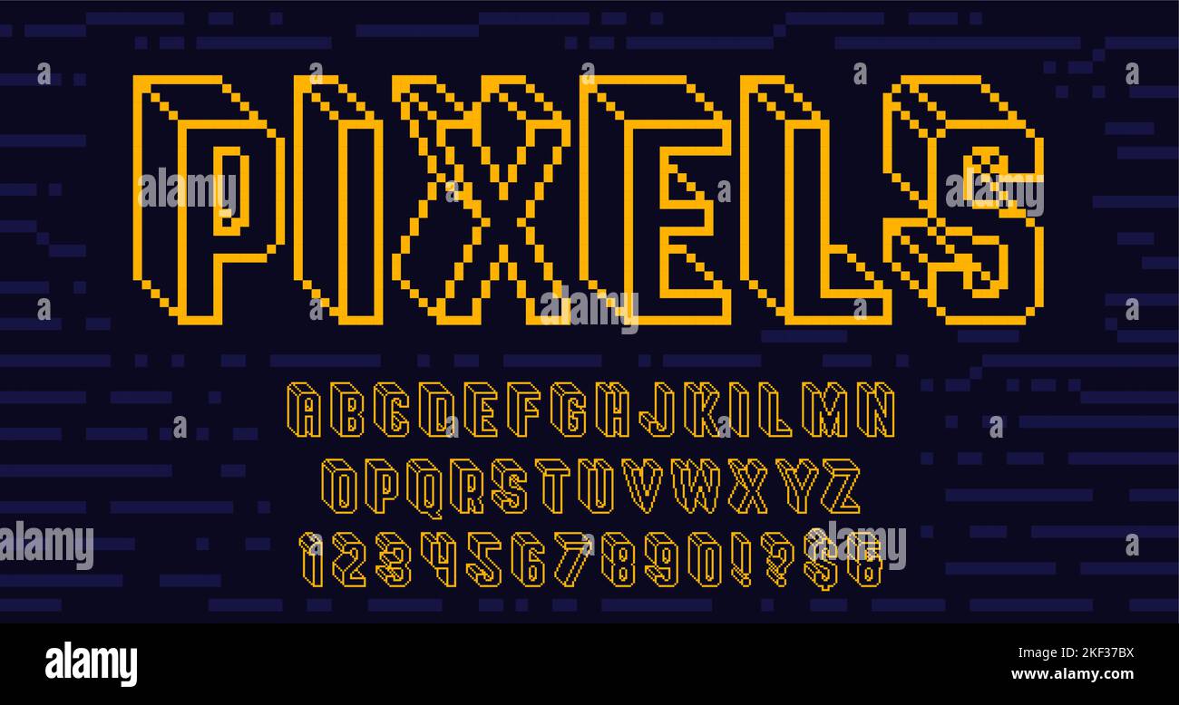 Font pixel art a reticolo futuristico. Alfabeto digitale a 8 bit, lettere 3D pixel retrò e numeri di gioco arcade set vettoriale Illustrazione Vettoriale