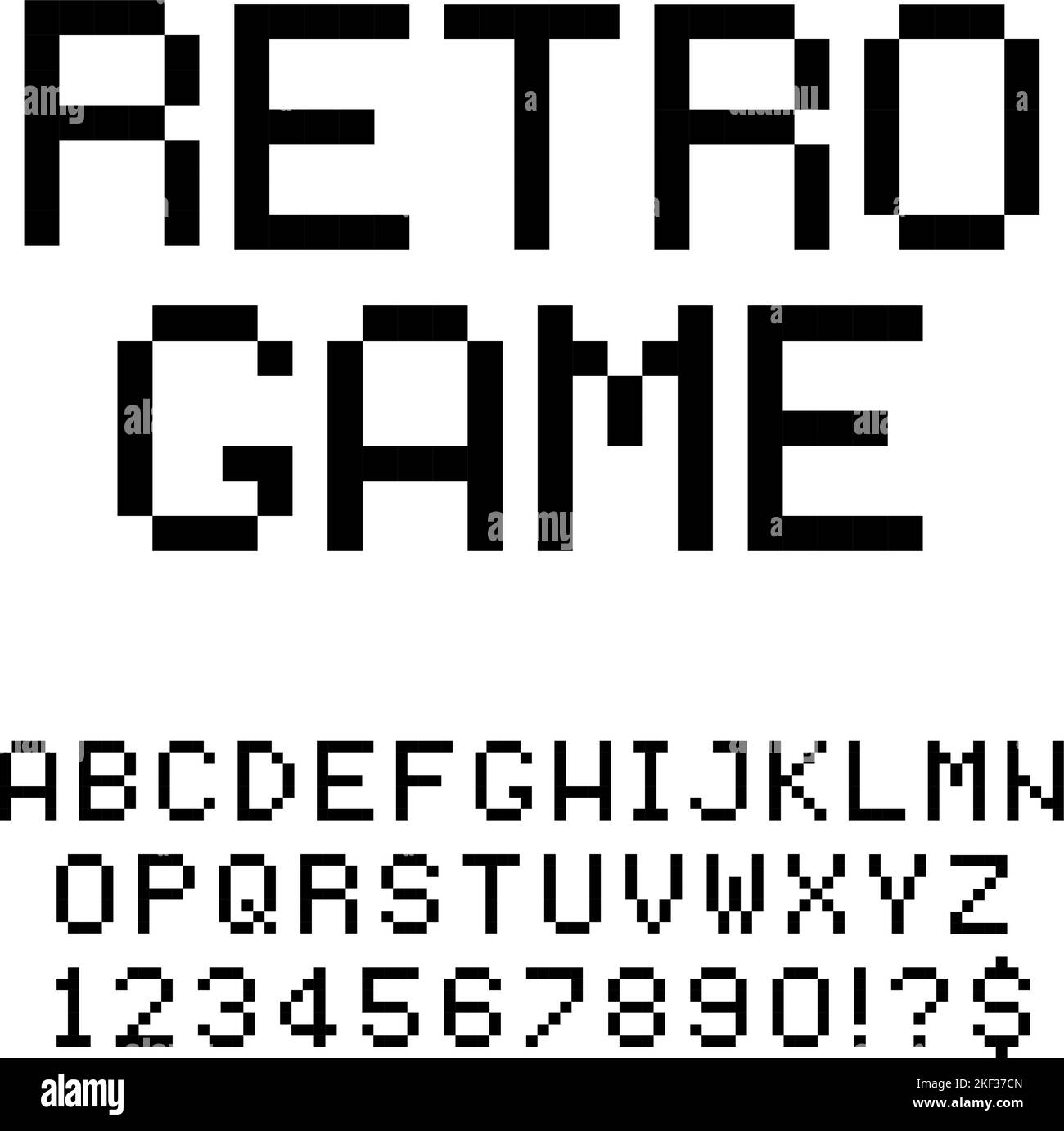 Font pixel art gioco retro. Lettere e numeri alfabetici di testo pixel, un set di vettori di stile tipografico pixel Illustrazione Vettoriale