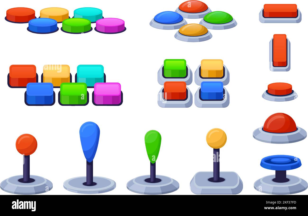 Joystick e pulsante della macchina Arcade. Levette del controller, disposizione dei 6 pulsanti del gamepad e encoder rotativo della trackball per le periferiche della console di gioco Illustrazione Vettoriale