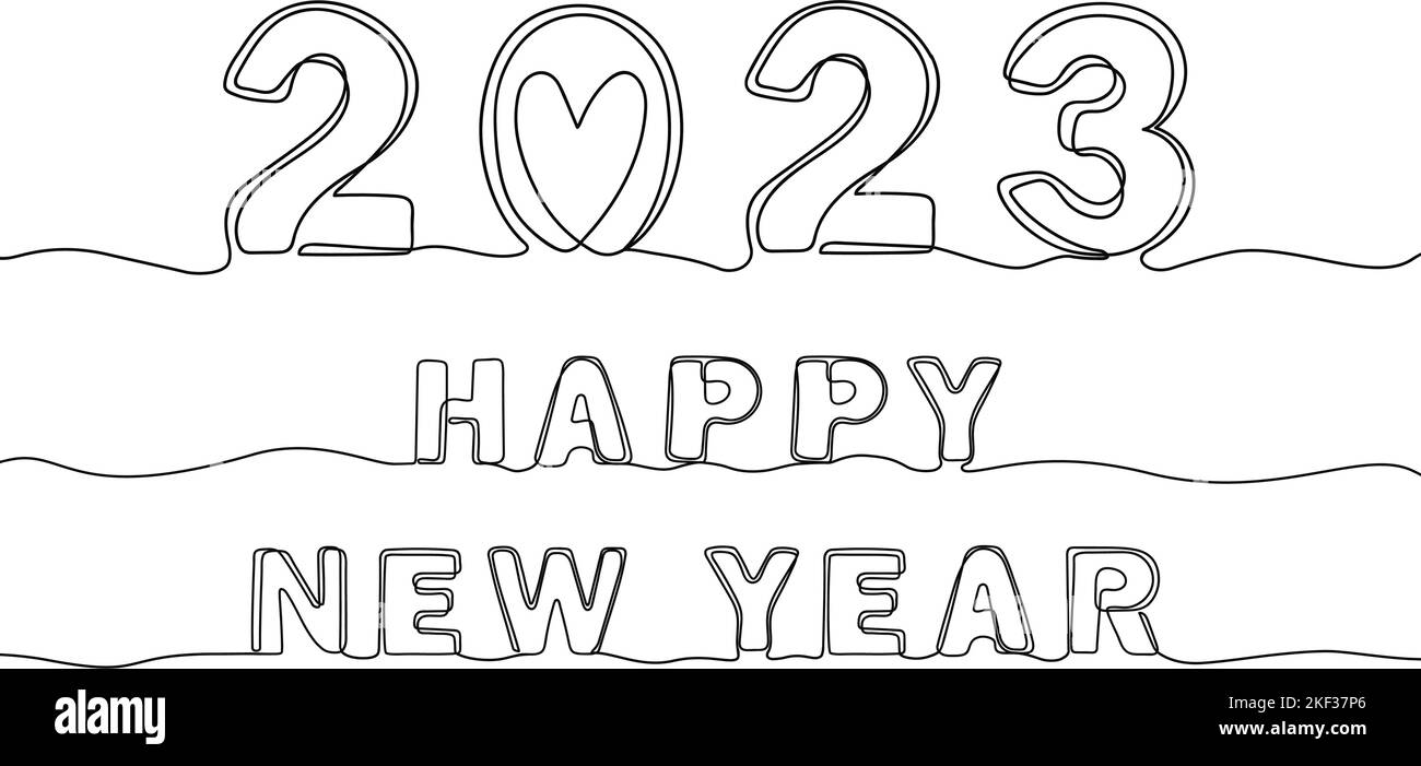 Linea continua 2023 banner festivo. Felice anno nuovo singola una linea che si sta scritte, calligrafia disegnata a mano concetto di vettore Illustrazione Vettoriale