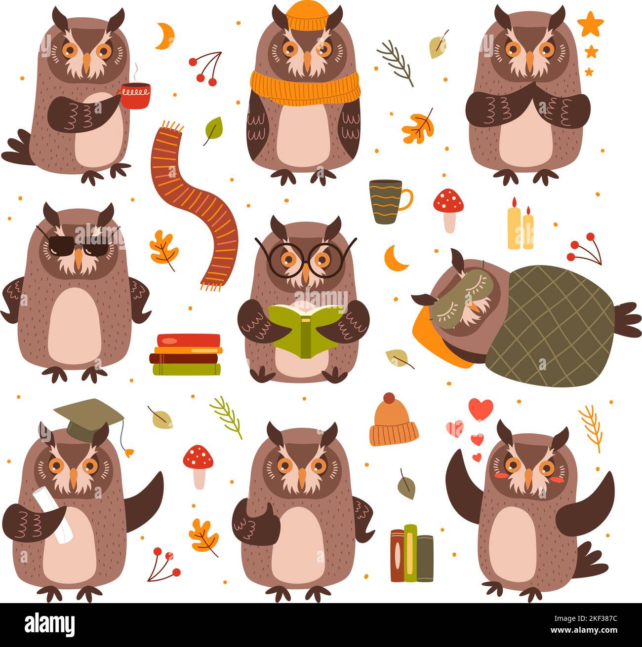 Mascotte di gufi cute. Smart Bird leggere libro e studio, caffè gufo e dormire sotto coperta cartone animato set vettore Illustrazione Vettoriale Mascotte di gufi cute. Smart Bird leggere libro e studio, caffè gufo e dormire sotto coperta cartone animato set vettore Illustrazione Vettoriale