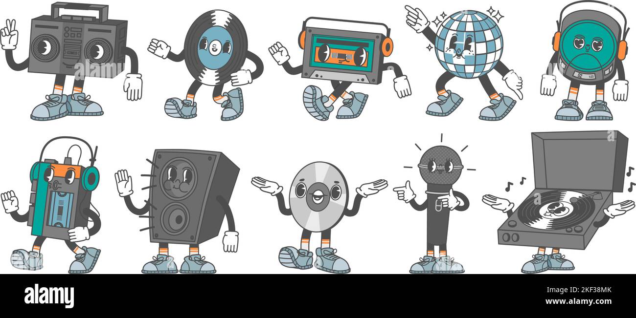 Personaggi della musica retrò. Mascotte da discoteca, dischi in vinile, 80s cassette e CD. Giradischi, lettori a nastro e compact disk. Set di vettori audio analogici Illustrazione Vettoriale