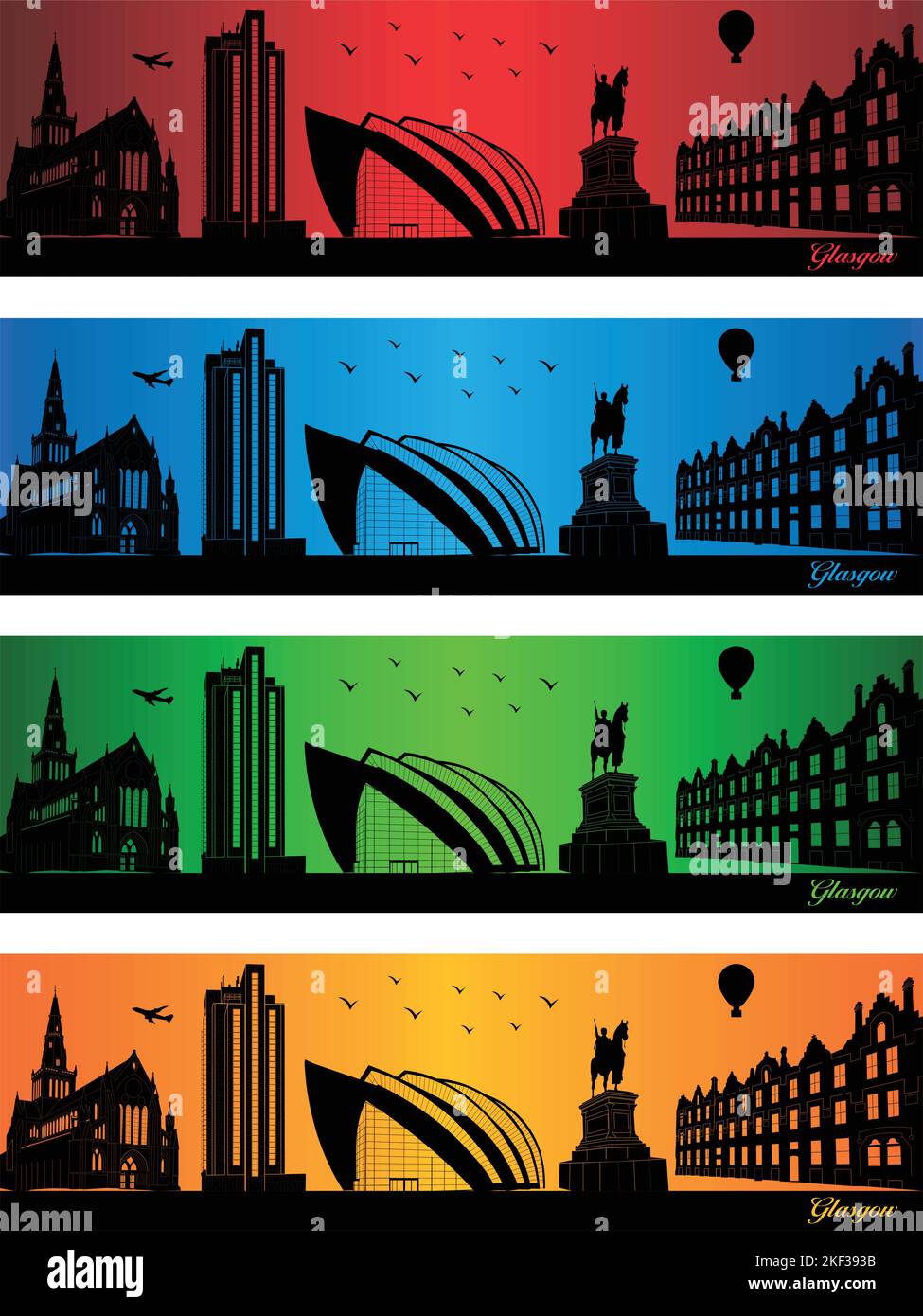 Città di Glasgow in quattro colori diversi - illustrazione, Città in colori sfondo, Città di Glasgow Illustrazione Vettoriale