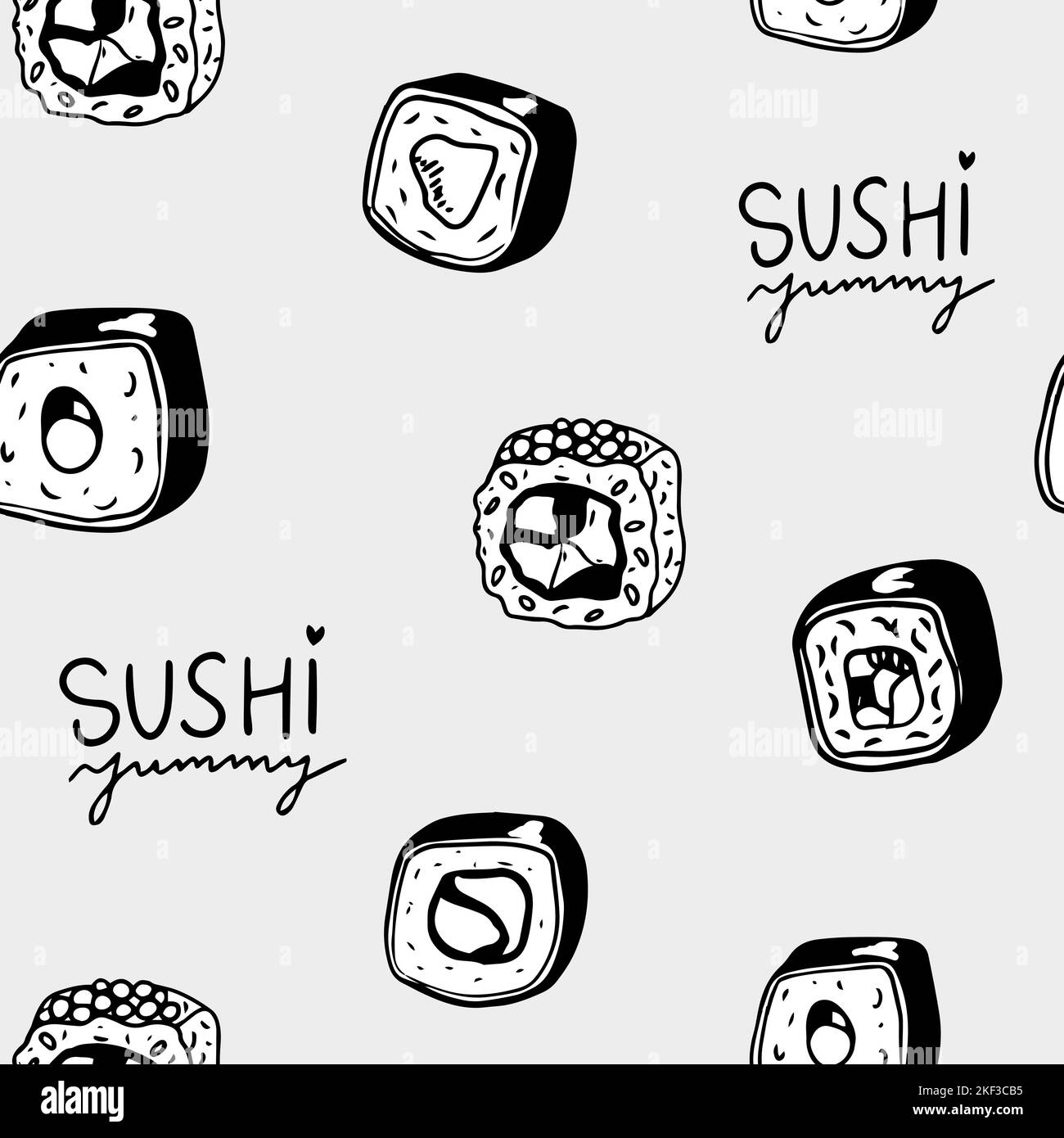 Icone isolate sushi con motivo senza giunture, illustrazione vettoriale. Carta di imballaggio per i pacchetti di consegna di cibo da ristorante giapponese. Tradizionale asiatico Illustrazione Vettoriale