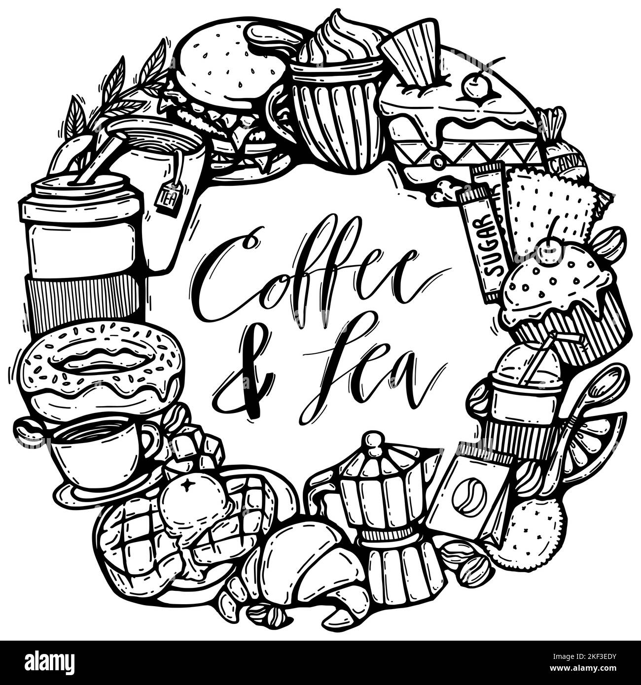carino doodle cartone animato caffè e panetteria negozio. vettoriale contorno disegnato a mano per caffè e panetteria per il menu caffè, tra cui l'articolo di fornitura e l'attrezzatura isolato Illustrazione Vettoriale