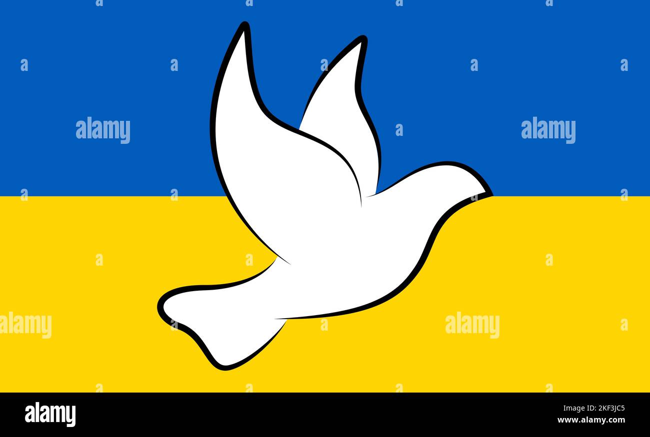 immagine vettoriale eps con colomba bianca di pace di fronte alla bandiera ucraina come segno contro la guerra Illustrazione Vettoriale