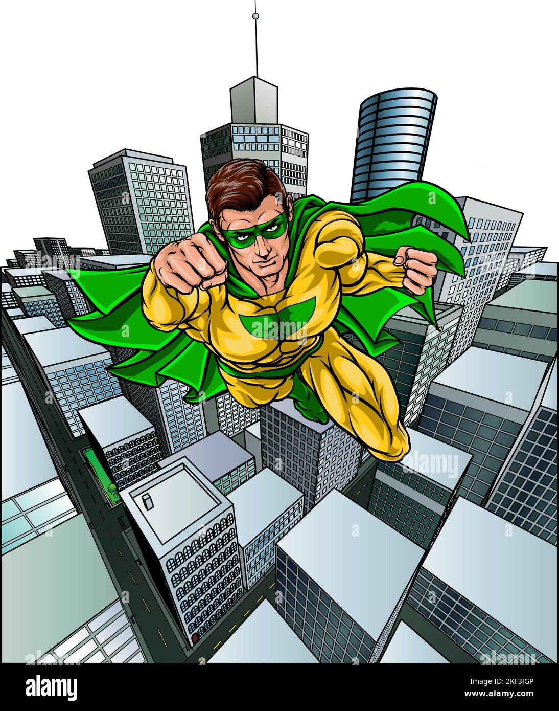 Super Hero Flying City Comic Book posa supereroe Illustrazione Vettoriale