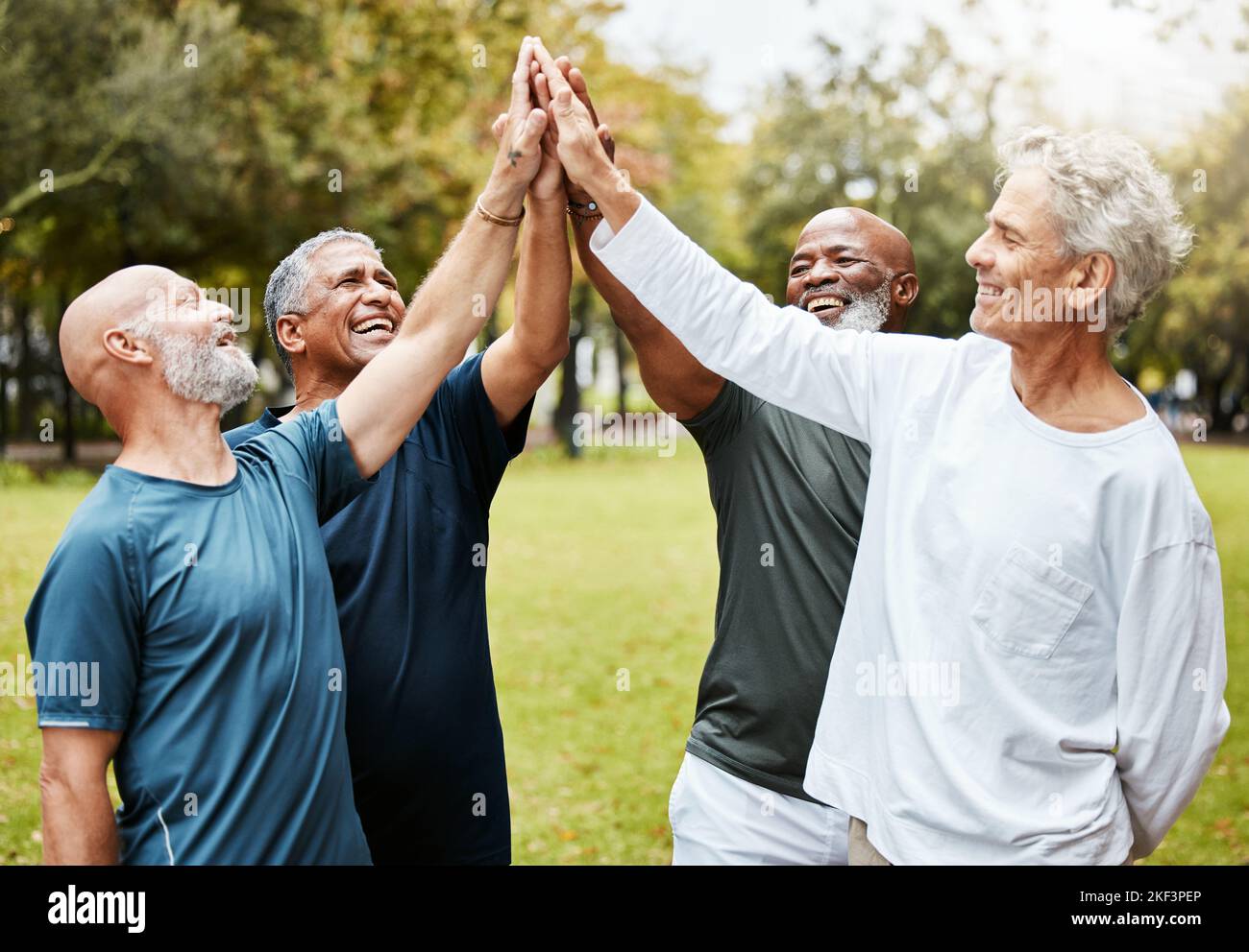 High Five, fitness e anziani amici nel parco per il lavoro di squadra, obiettivo di esercizio e missione di allenamento insieme al supporto della comunità. Gruppo anziano di Foto Stock