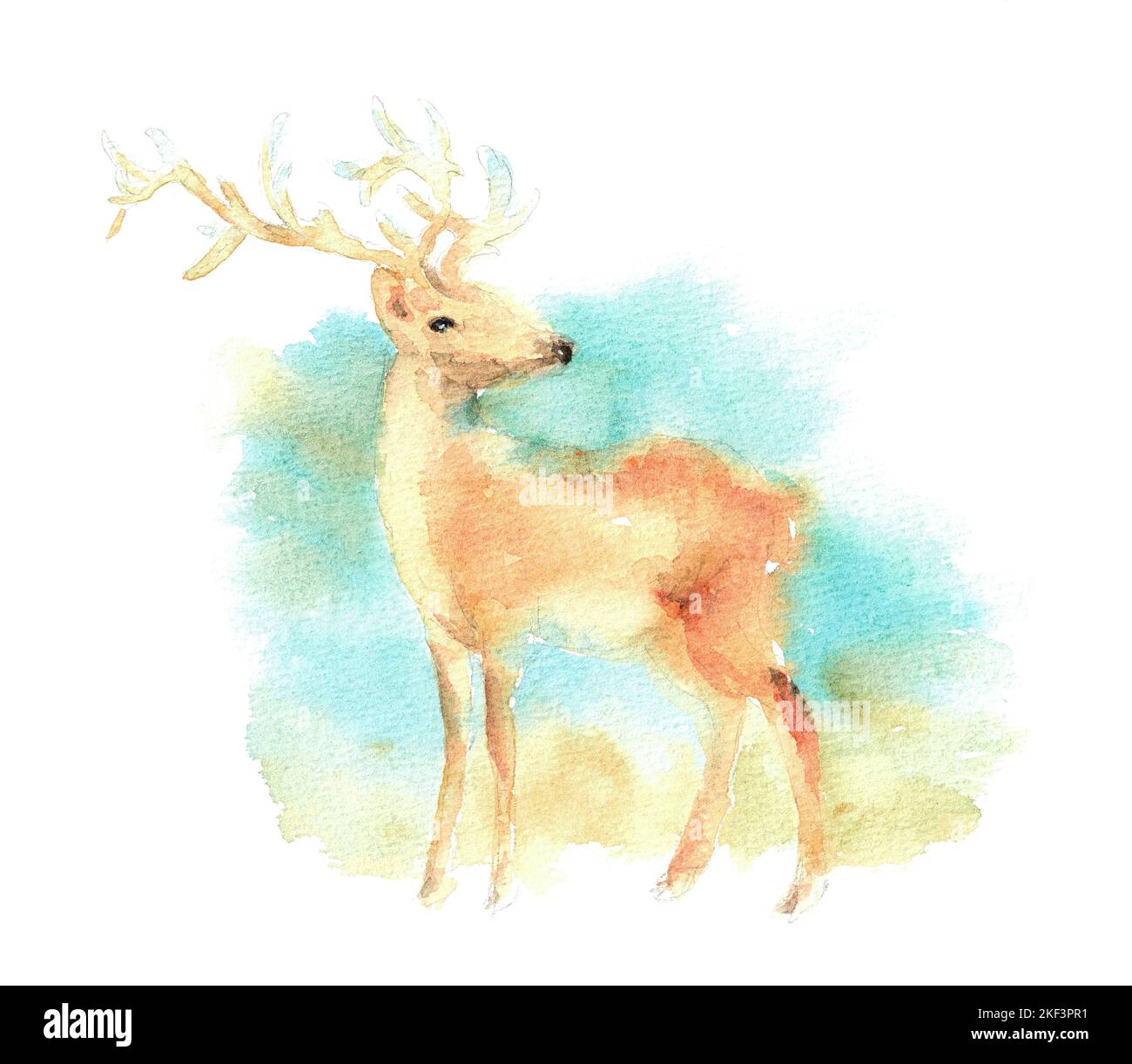 Acquerello illustrazione di un cervo rosso su sfondo paesaggio. Nella tecnica di sfocatura con grana della carta. Pittura nelle tonalità marrone chiaro e turchese. Foto Stock