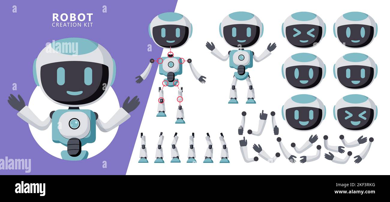Set vettoriale kit creazione caratteri robot. Robot personaggi modificabili con le braccia e le gambe posa e gesti per l'intelligenza artificiale creatore del corpo. Illustrazione Vettoriale