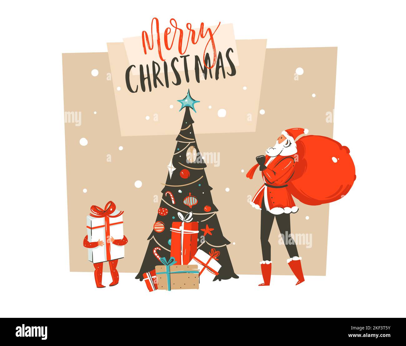 Mano disegnato vettore astratto divertimento Merry Natale tempo cartoon illustrazione biglietto di auguri con Babbo Natale papà e figlio, sorpresa scatole regalo, albero di Natale Illustrazione Vettoriale