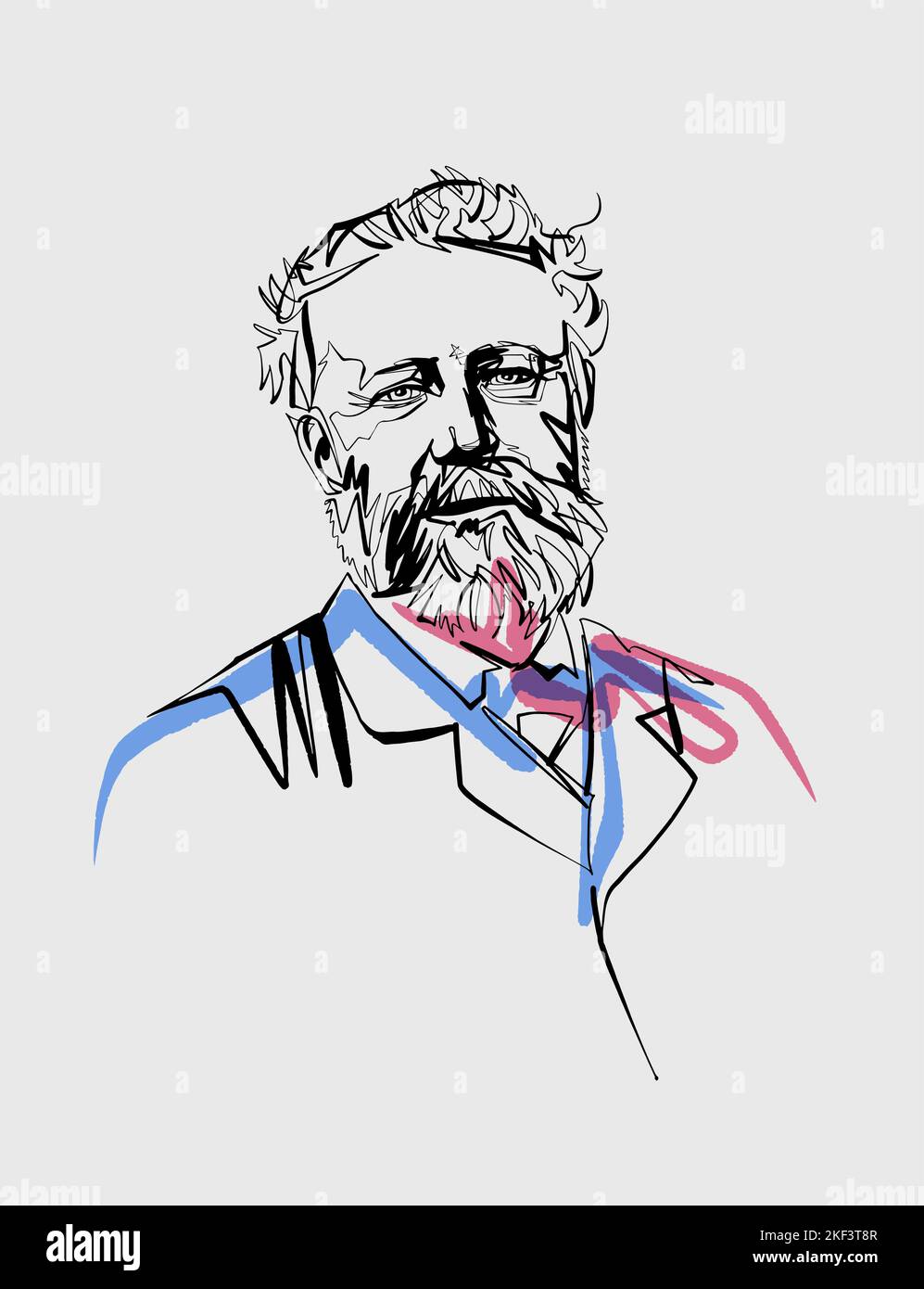 Jules Verne ritratto, scrittore francese, linea continua, vettore, formato ritratto, sfondo bianco Illustrazione Vettoriale