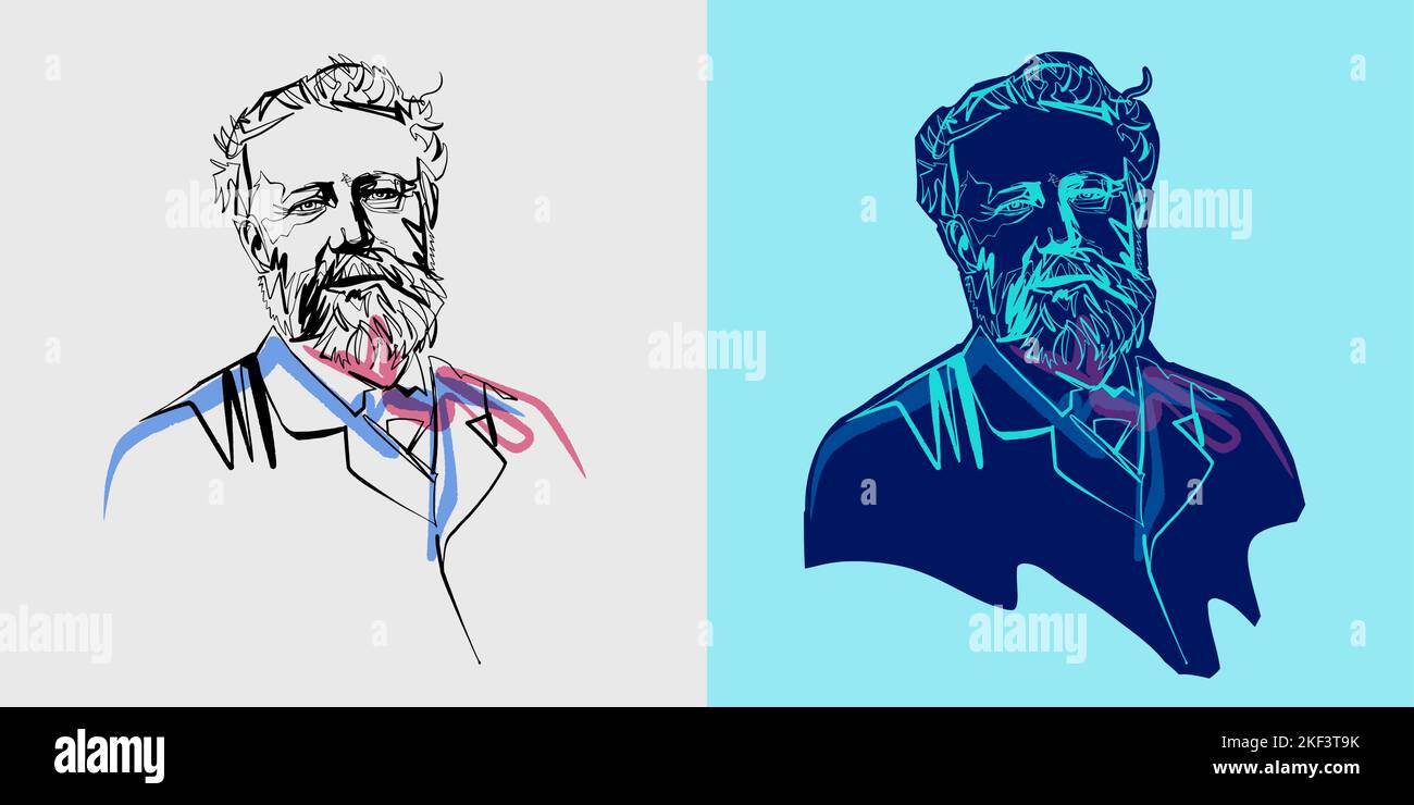 Jules Verne ritratto, scrittore francese, linea continua, set vettoriale di 2 Illustrazione Vettoriale