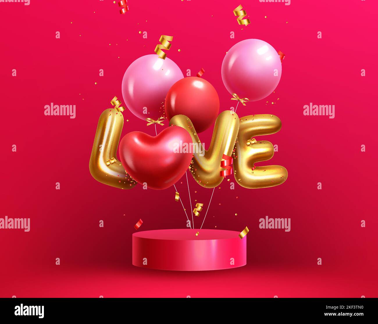 Valentine amore palloncini Vector design. Palco da podio per San Valentino per la presentazione dei prodotti con palloncino in oro metallizzato su sfondo rosso. Illustrazione Vettoriale