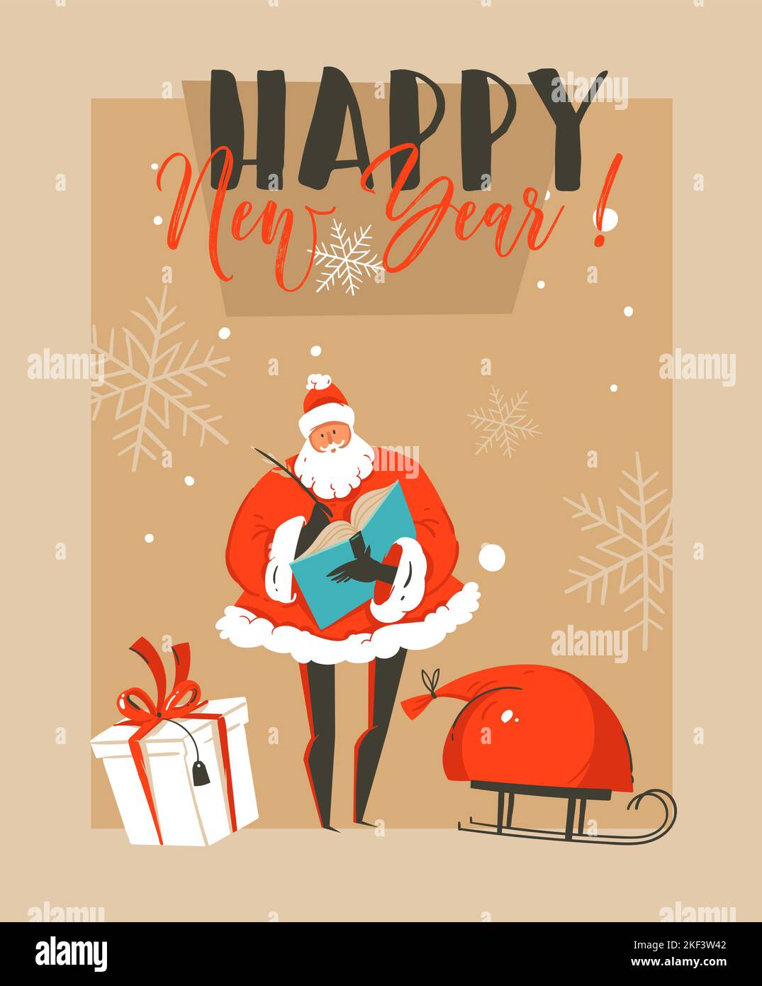 Disegno a mano vettore astratto divertimento Merry Natale tempo cartoon illustrazione biglietto di auguri con Babbo Natale, slitta, sorpresa scatole regalo e felice anno nuovo Illustrazione Vettoriale