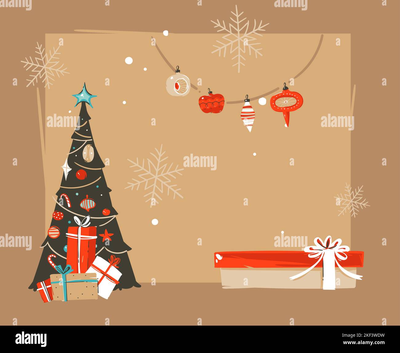 Disegnata a mano vettore astratto buon Natale e felice anno nuovo tempo vintage cartoon illustrazioni saluto modello di intestazione con sorpresa scatole regalo e. Illustrazione Vettoriale