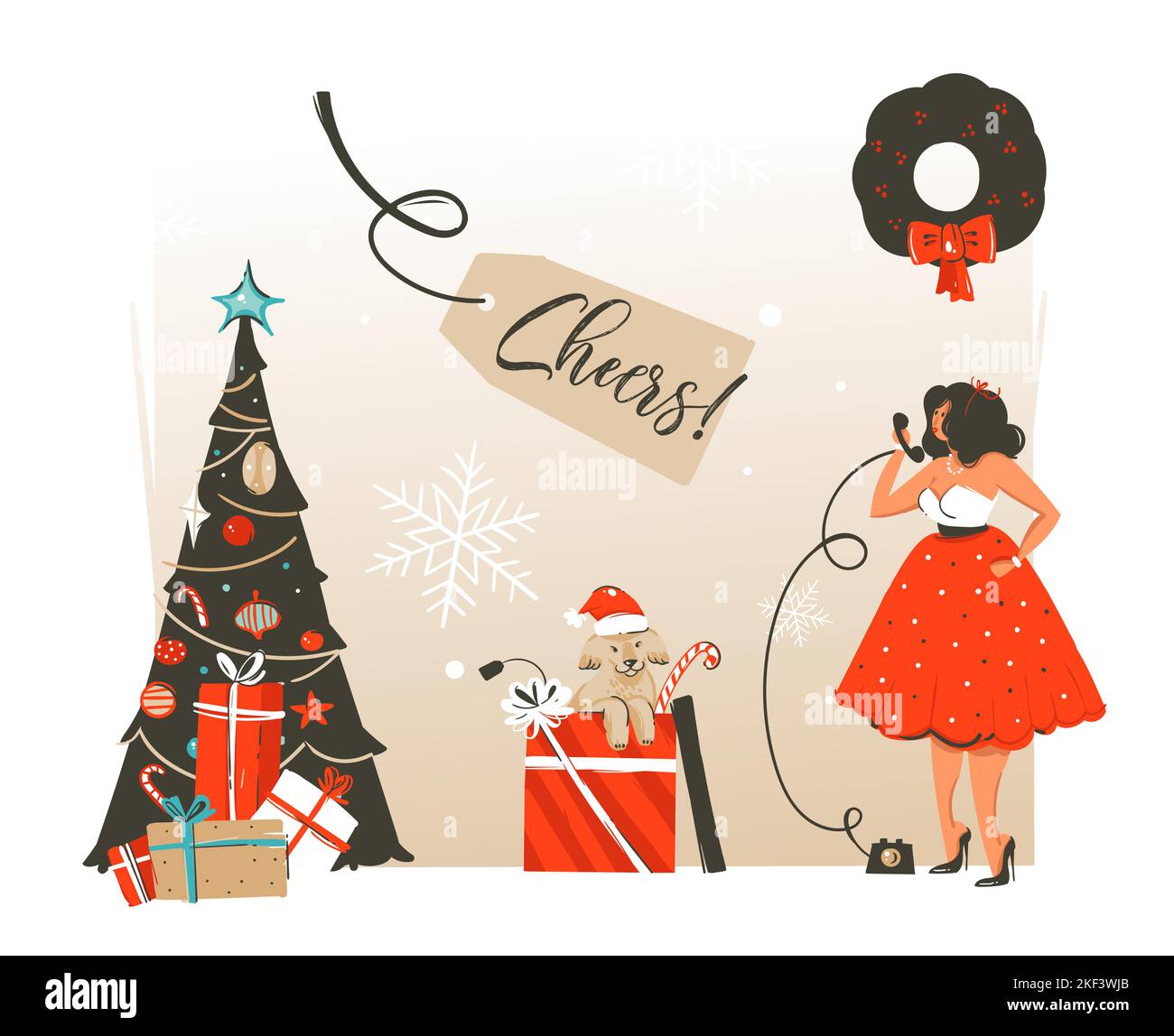 Disegnato a mano vettore astratto buon Natale e felice anno nuovo tempo retro cartoon illustrazione biglietto di auguri con bella donna in abito e. Illustrazione Vettoriale