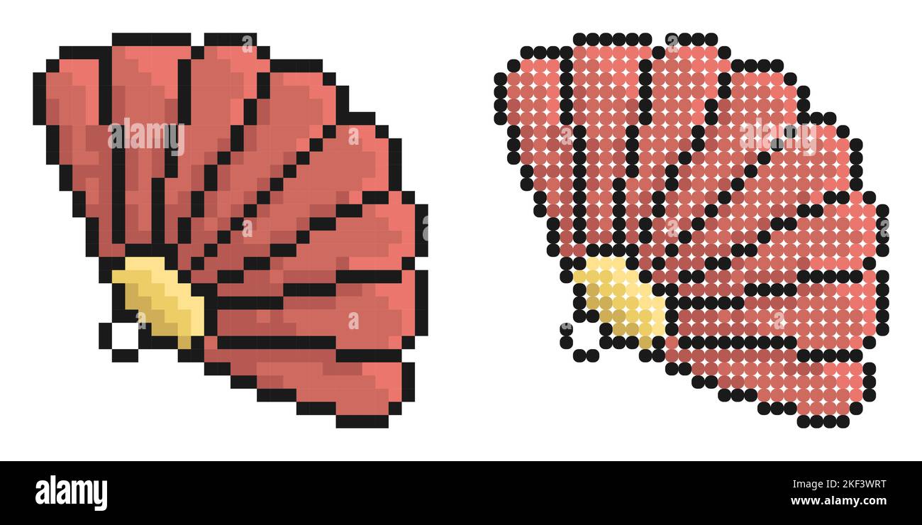 Icona pixel. Ventilatore teatrale. Ventilatore pieghevole femminile di geisha giapponese. Semplice vettore di gioco retrò isolato su sfondo bianco Illustrazione Vettoriale
