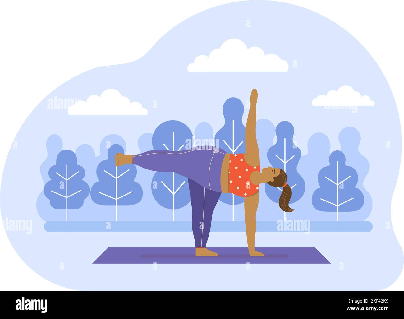 Corpo positivo Donna fare Yoga in aria aperta Illustrazione Vettoriale