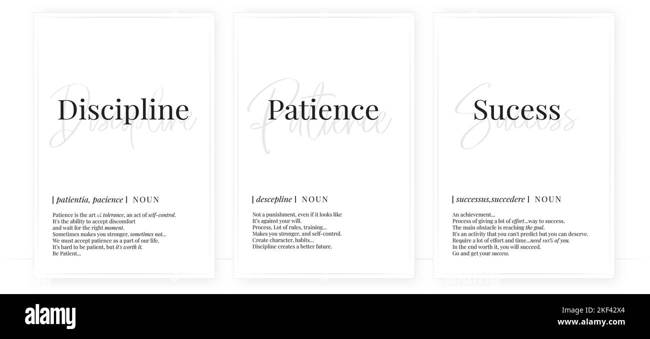 Disciplina, pazienza e definizione di successo, vettore. Design minimalista e moderno a baldacchino. Citazioni motivazionali e motivazionali. Descrizione del nome. Formulazione De Illustrazione Vettoriale