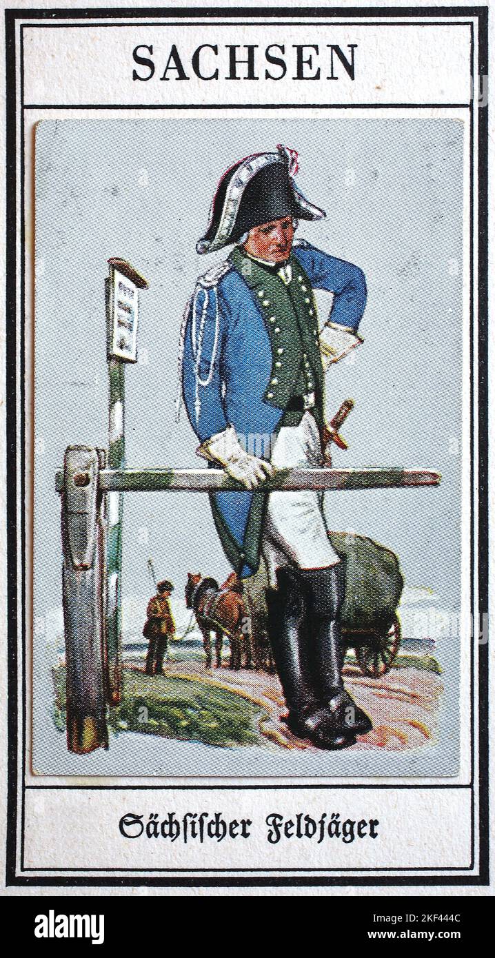 Uniformi tedesche del 19th ° secolo, Sonstieg Trupen: Sassonia, Sassonia Feldjäger, storica, riproduzione restaurata digitalmente di un pubblico di dominio collezionista del primo 20th ° secolo / Deutsche Uniformen des 19. Jahrhunderts, Sonstieg Truppen: Sachsen, Sächsischer Feldjäger, Historisch, ristorante digitale Reproduktion eines gemeinfreien Sammelbildes aus dem frühen 20. Jahrhundert Foto Stock