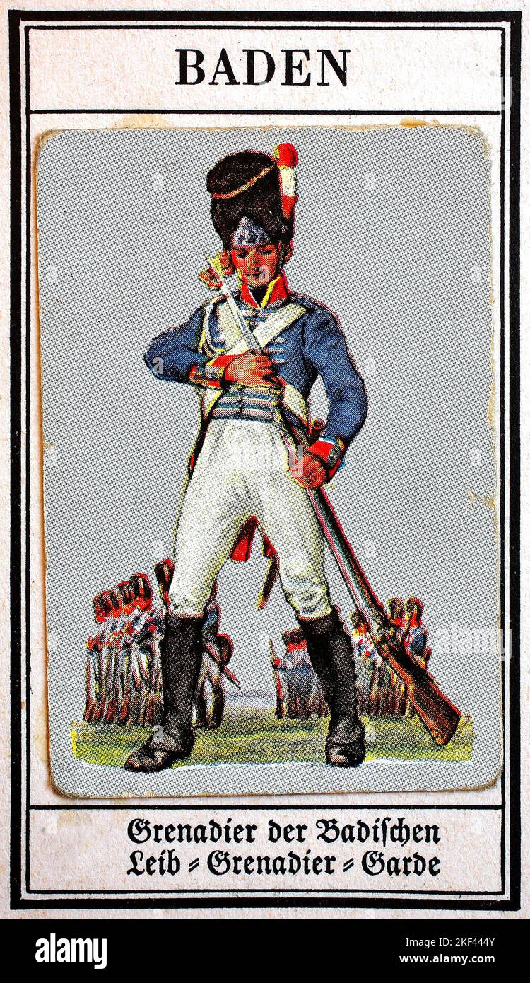 Uniformi tedesche del 19th ° secolo, Guardia - Fanteria: Baden, Grenadier del Baden Leib-Grenadier-Garde, riproduzione storica, restaurata digitalmente di una foto di pubblico dominio collezionista degli inizi del 20th ° secolo / Deutsche Uniformen des 19. Jahrhunderts, Garde - Infanterie: Baden, Grenadier der badischen Leib-Grenadier-Garde, Historisch, ristorante digitale Reproduktion eines gemeinfreien Sammelbildes aus dem frühen 20. Jahrhundert Foto Stock