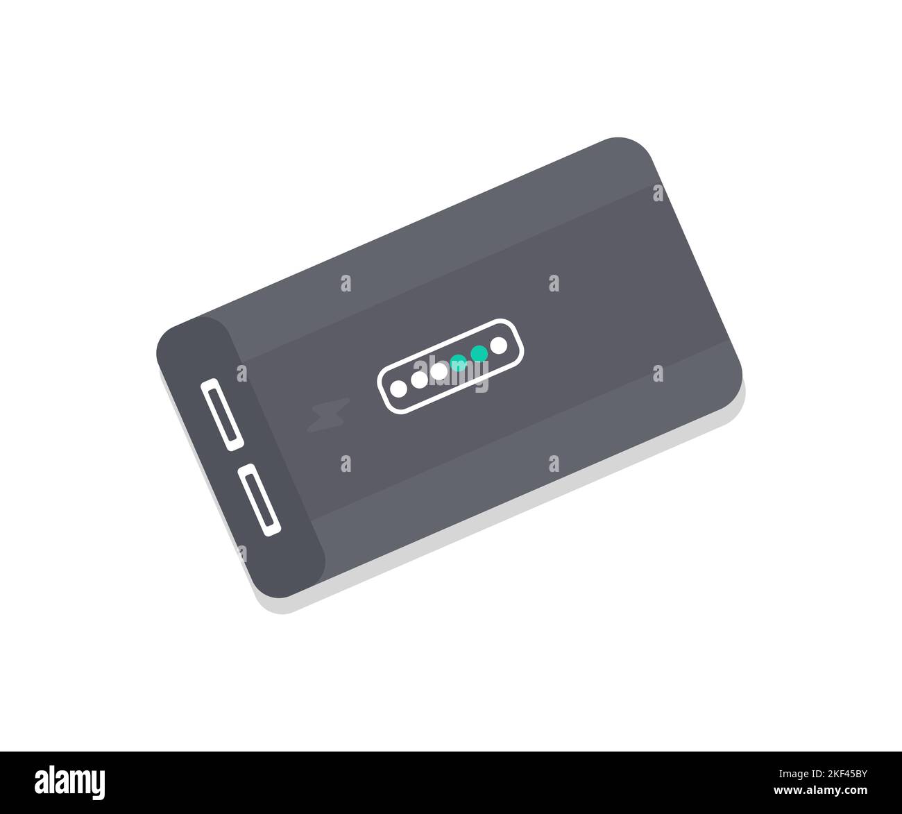 Gruppo di potenza Portbale. Un dispositivo power bank con logo di ricarica per telefono cellulare. Batteria esterna per dispositivi mobili con design vettoriale dello spazio di copia. Illustrazione Vettoriale