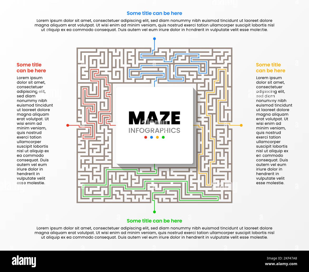 Modello infografico con icone e 4 opzioni o passaggi. Labirinto. Può essere utilizzato per il layout del flusso di lavoro, il diagramma, il banner, il webdesign. Illustrazione vettoriale Illustrazione Vettoriale