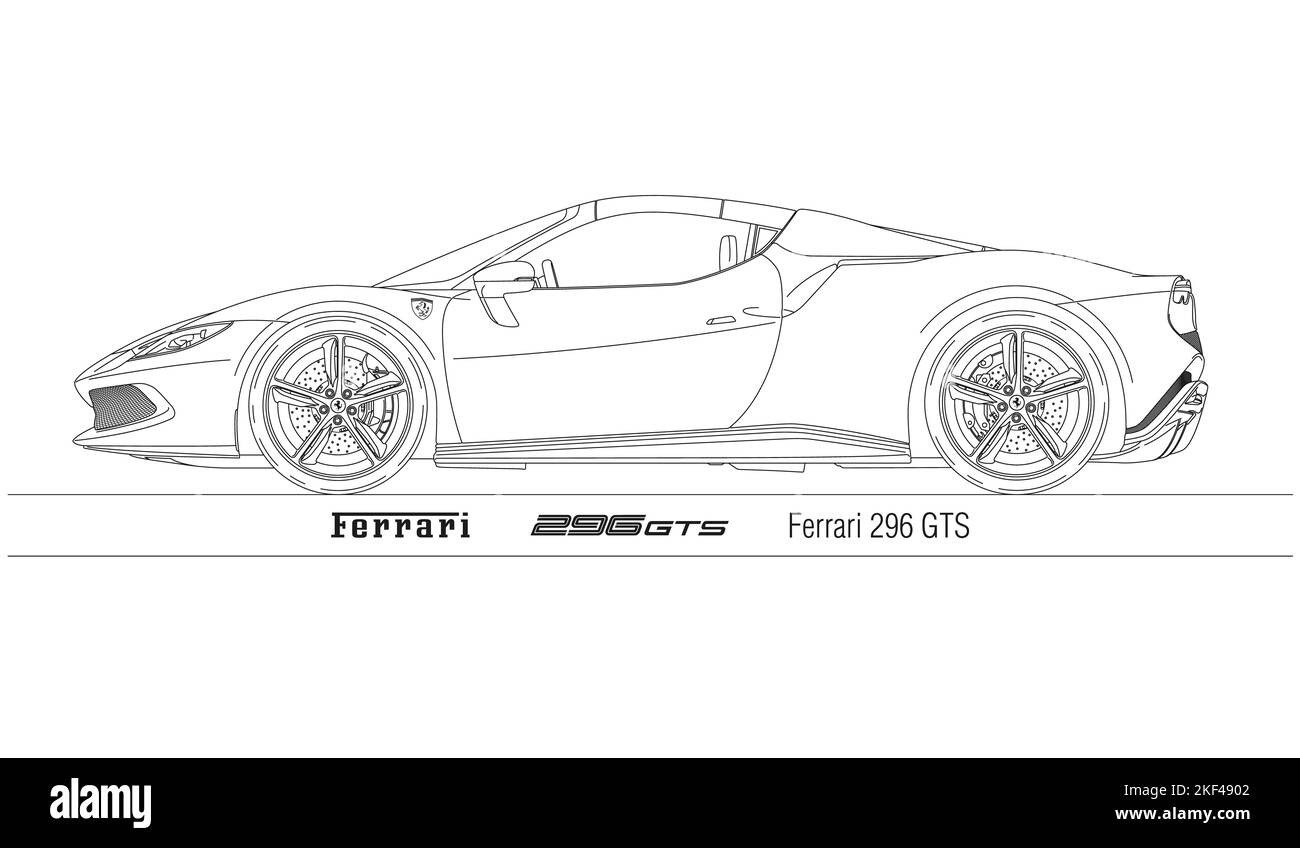 Maranello, Italia, anno 2022, nuova Ferrari 296 GTS super profilo auto delineato, illustrazione Foto Stock