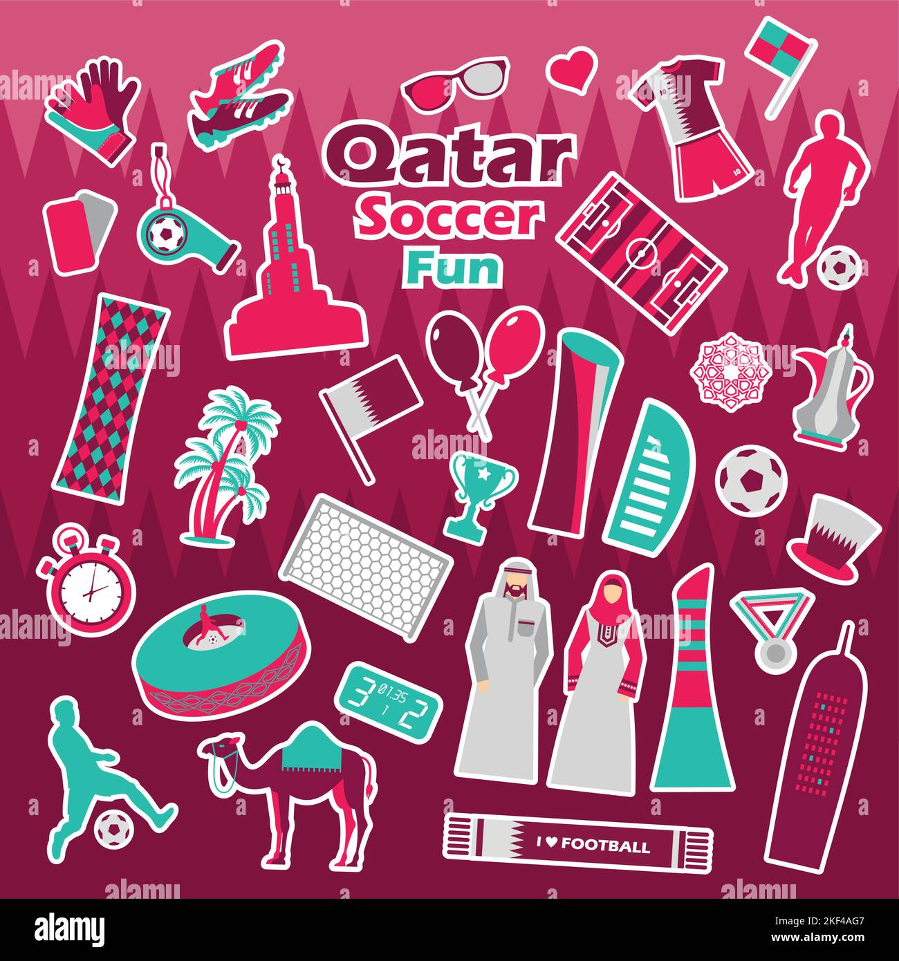 Confezione di adesivi, concorso sportivo di calcio, set di icone turistiche del Qatar. Doha sfondo a colori bandiera nazionale. Giornata nazionale. Calcio mediorientale. Illustrazione Vettoriale