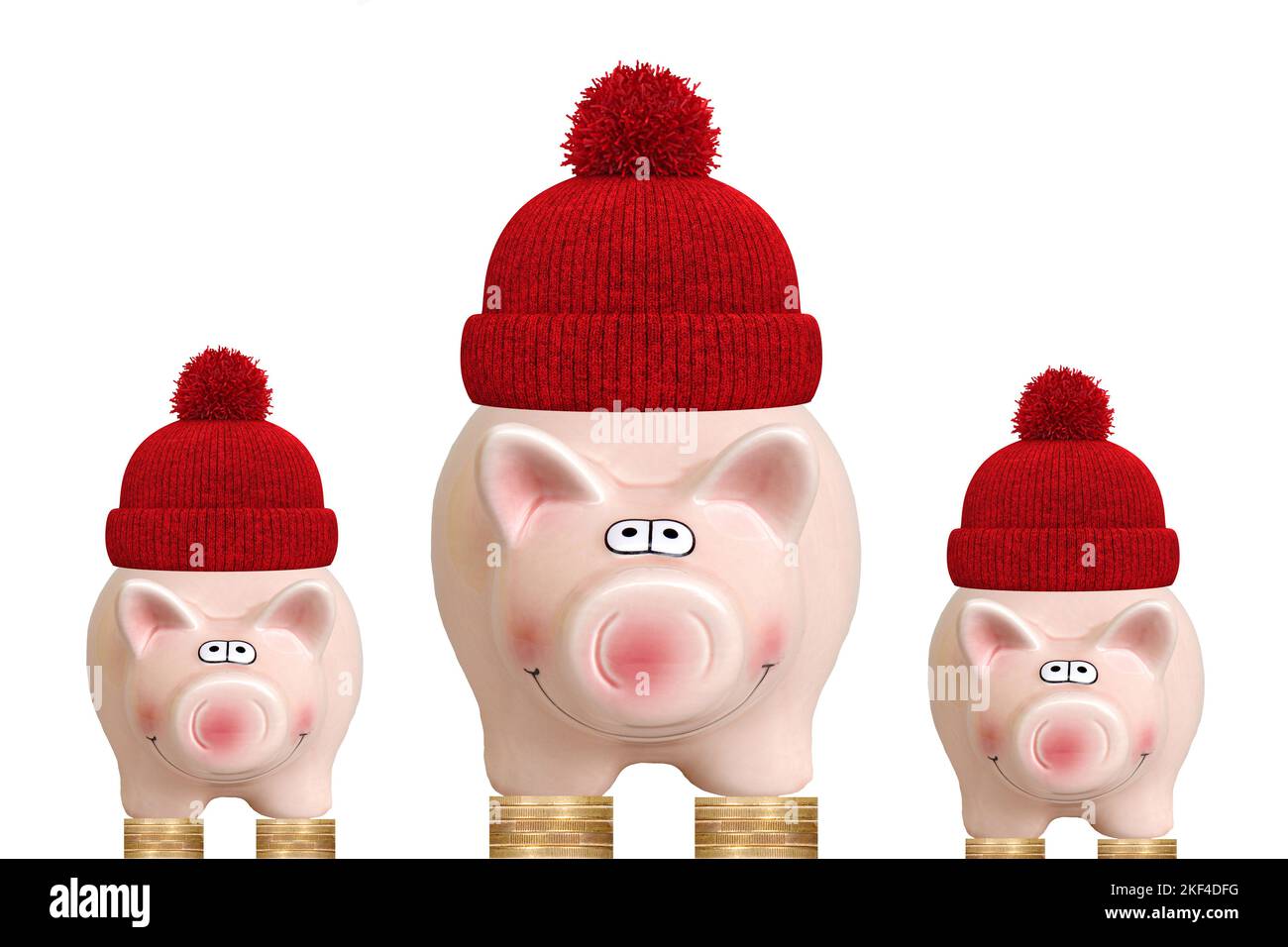 Drei rosa Sparschweine mit Pudelmütze, warm anziehen, Energiekrise, harter Winter, frieren, Heizung drossseln, Foto Stock