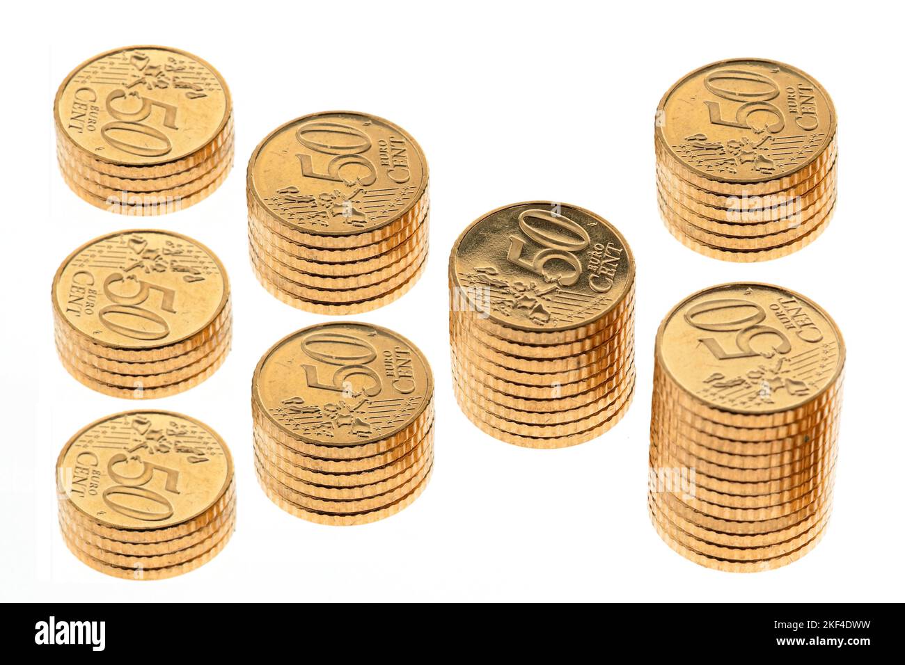 Verschiedene Stapel von Euro Geld Münzen, 50 cent Münzen, Eurocent, Foto Stock
