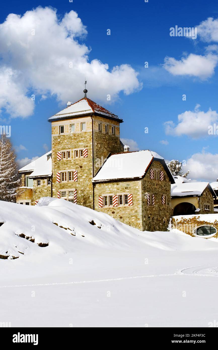 Burg Crap da Sass in einer Winterlandschaft am Silvaplaner See, Oberengadin, Schweiz Foto Stock