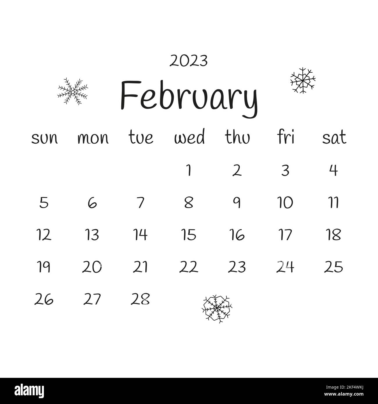 2023 febbraio calendario con fiocchi di neve. Calendario moderno in bianco e nero, pianificatore mensile. Disegno vettoriale a mano doodle illustrazione. Design semplice e moderno. Illustrazione Vettoriale