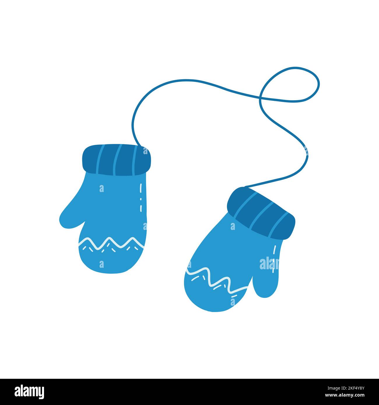 Carino caldo accogliente blu mitens su una stringa. Accessorio invernale per le mani. Vettore colorato isolato illustrazione doodle disegnato a mano. Comodo chil lavorato a maglia Illustrazione Vettoriale