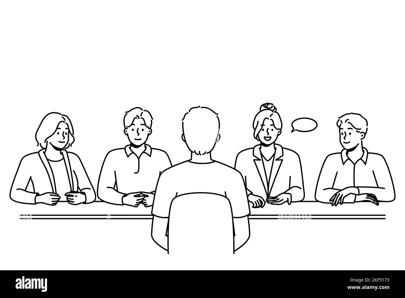 Uomo parlare con il team di reclutamento al colloquio in ufficio. Candidato di lavoro maschile o candidato al colloquio di lavoro. Assunzione e HR. Illustrazione vettore. Illustrazione Vettoriale