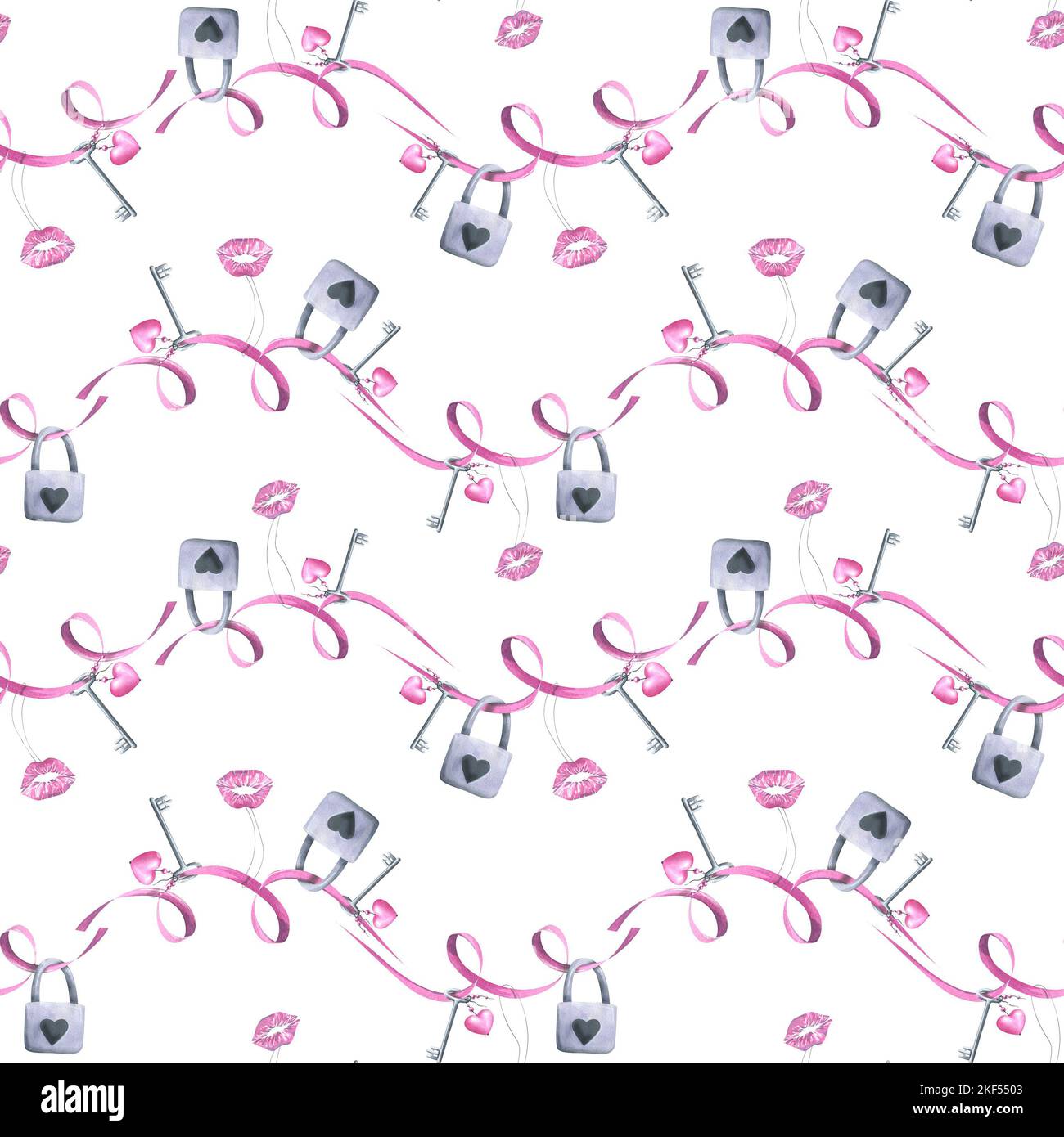 Nastri con serrature, chiavi e baci appesi su sfondo bianco. Illustrazione acquerello. Modello senza cuciture della collezione DAY DI SAN VALENTINO. Per Foto Stock