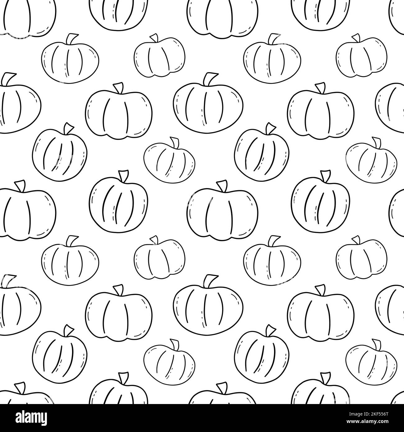 Motivo senza cuciture con zucca. Illustrazione vettoriale in bianco e nero Doodle. Verdura alimentare. Raccolta autunnale, agricoltura. Stampa su tessuto, carta o avvolgimento Illustrazione Vettoriale