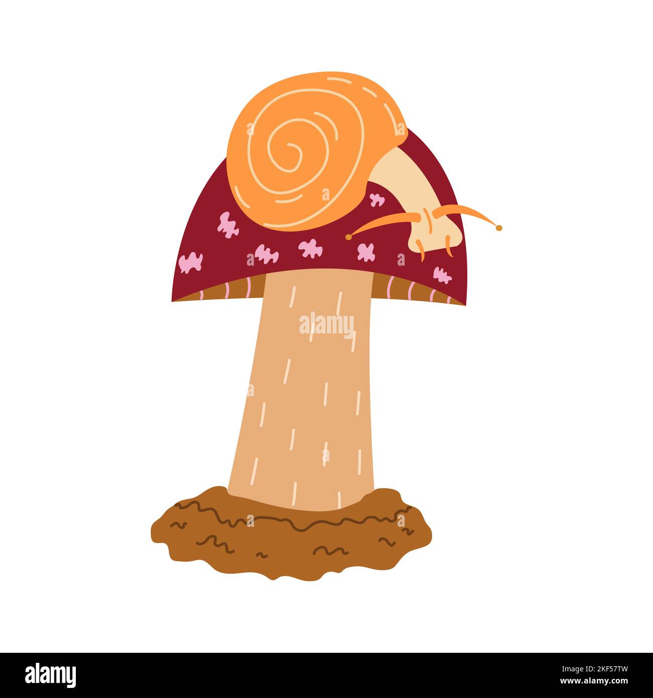 Lumaca siede sulla cima del fungo nella foresta. Illustrazione colorata isolata vettoriale disegnata a mano. Scheda fauna selvatica. Piccolo mollusco curvato conchiglia semplice doodle Illustrazione Vettoriale