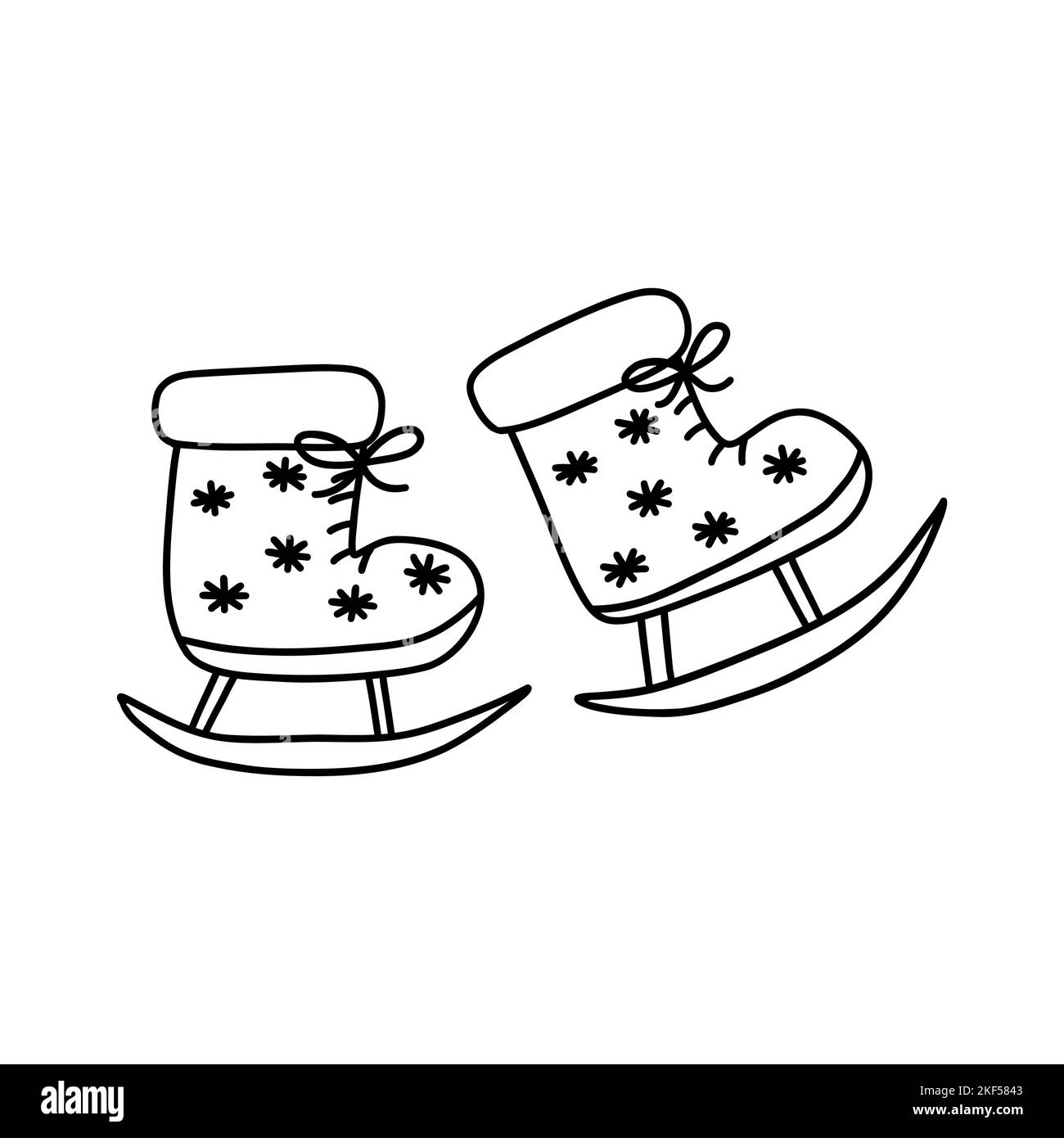 Pattini con fiocchi di neve. Animazione invernale, pattinaggio su ghiaccio. Illustrazione vettoriale in bianco e nero Doodle isolato disegnato a mano. Elemento di progettazione. spo esterna Illustrazione Vettoriale