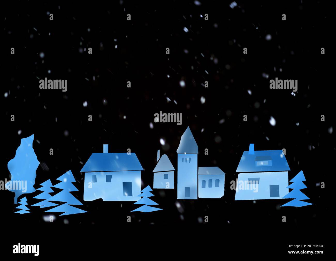 Gemalte blaue Dorfansicht mit schwarzen Hintergrund mit Schneefall 1 Foto Stock