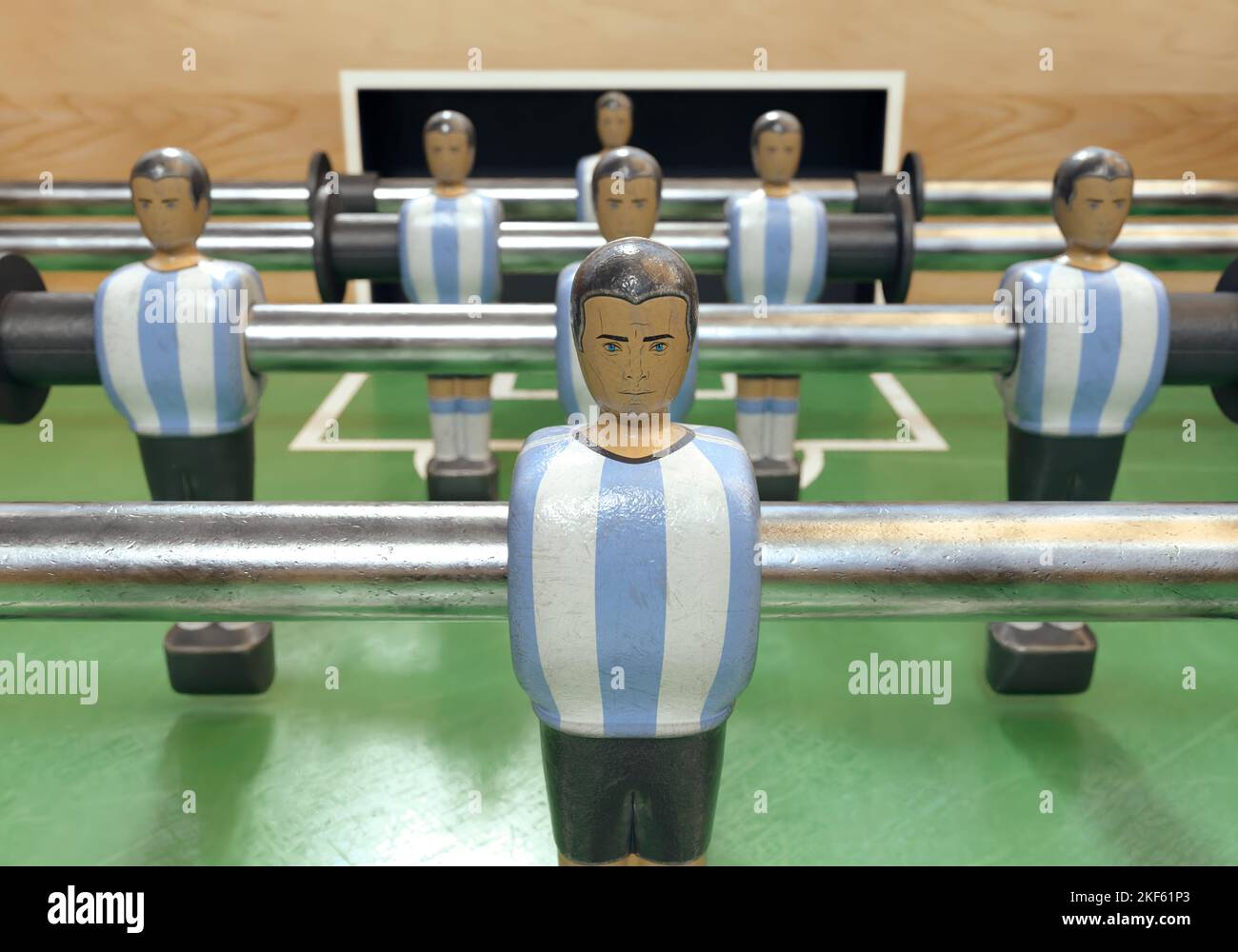 Un lato di un calcio d'epoca o tavolo da calcio con figure in metallo indossate in kit che assomigliano alla nazionale argentina - rendering 3D Foto Stock