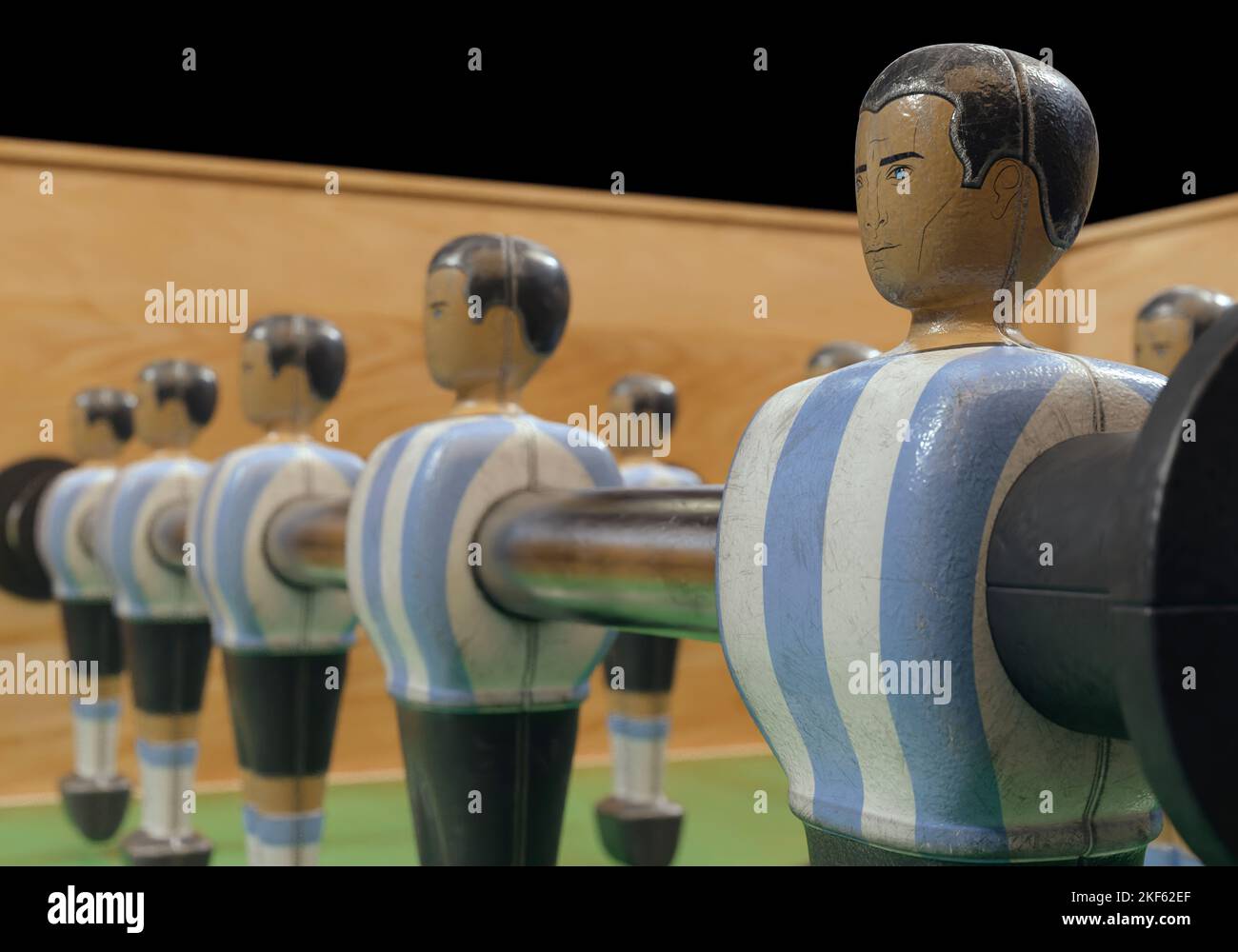 Un lato di un calcio d'epoca o tavolo da calcio con figure in metallo indossate in kit che assomigliano alla nazionale argentina - rendering 3D Foto Stock