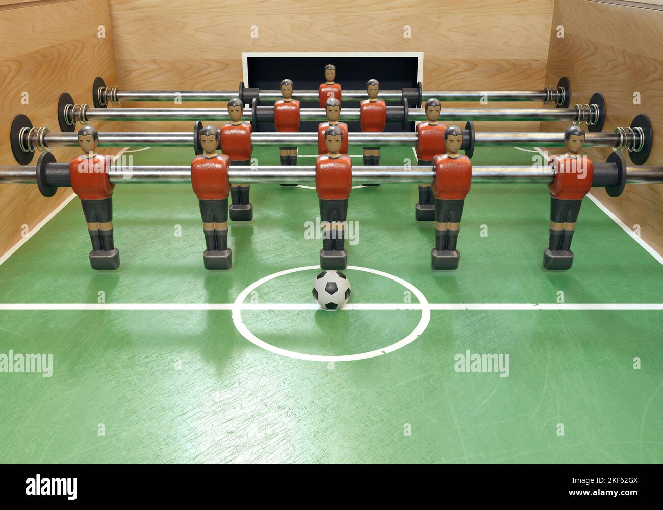 Un lato di un calcio d'epoca o di un tavolo da calcio da tavolo con figure in metallo indossate in kit che assomigliano alla nazionale belga - resa 3D Foto Stock