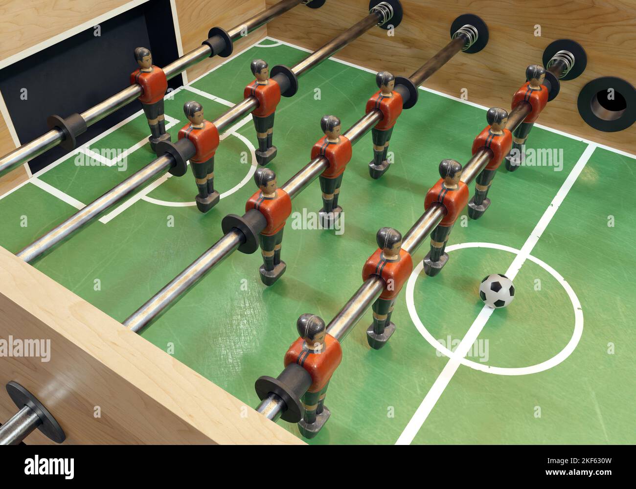 Un lato di un calcio d'epoca o di un tavolo da calcio da tavolo con figure in metallo indossate in kit che assomigliano alla nazionale belga - resa 3D Foto Stock