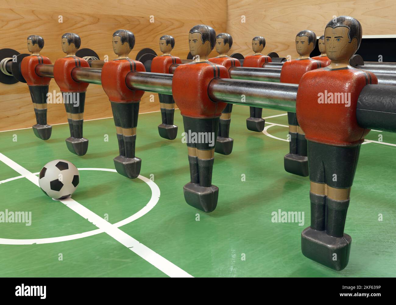 Un lato di un calcio d'epoca o di un tavolo da calcio da tavolo con figure in metallo indossate in kit che assomigliano alla nazionale belga - resa 3D Foto Stock