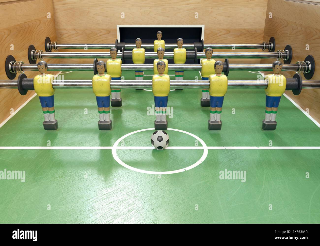 Un lato di un calcio d'epoca o di un tavolo da calcio con figure in metallo indossate in stile kit che assomigliano alla nazionale brasiliana - rendering 3D Foto Stock
